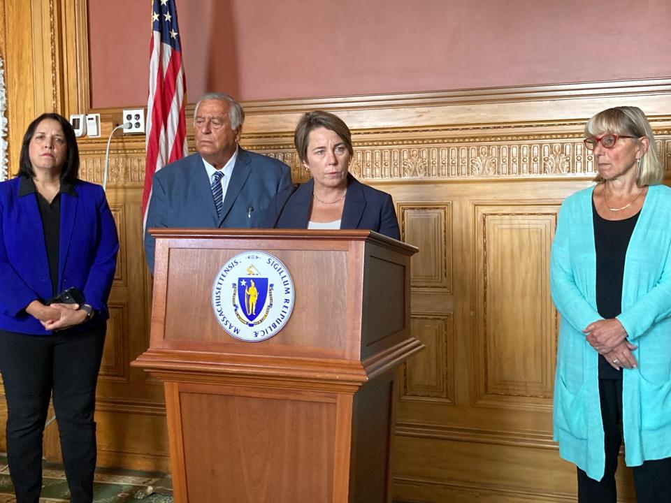 Massachusetts leaders, from left, Lt. Gov. Kimberly Driscoll, House Speaker Ron Mariano, D-Quincy, Gov. Maura Healey and Senate President Karen Spilka, D-Ashland, discuss the influx of migrants straining the Massachusetts emergency shelter system on Sept. 19.