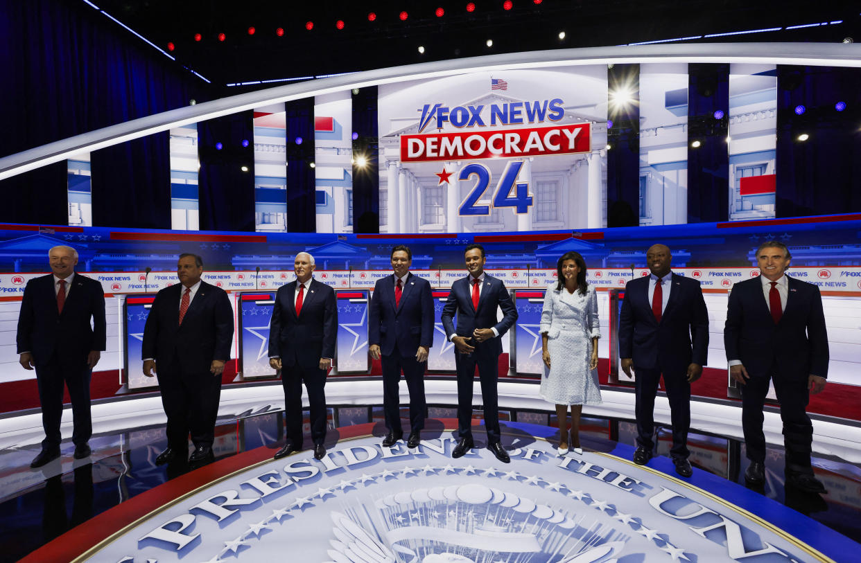 From left, contenders for the Republican presidential nomination: former Arkansas Gov. Asa Hutchinson, former New Jersey Gov. Chris Christie, former Vice President Mike Pence, Florida Gov. Ron DeSantis, entrepreneur Vivek Ramaswamy, former South Carolina Gov. Nikki Haley, South Carolina Sen. Tim Scott and North Dakota Gov. Doug Burgum