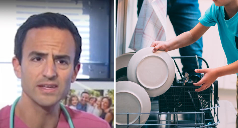 Left, Paediatrician Dr Daniel Golshevsky wearing pink scrubs talking to the camera. Right, a child stacks the dishwasher demonstrating how giving a toddler chores can be beneficial.