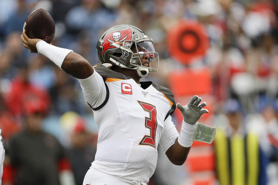 Tampa Bay Buccaneers quarterback Jameis Winston passes against the Tennessee Titans in the first half of an NFL football game Sunday, Oct. 27, 2019, in Nashville, Tenn. (AP Photo/James Kenney)