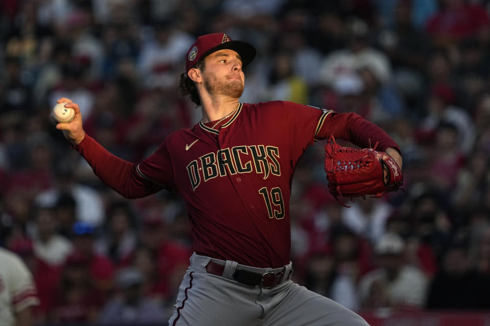 Arizona Diamondbacks starting pitcher Ryne Nelson throws to the plate during the first inning of a baseball game against the Los Angeles Angels Saturday, July 1, 2023, in Anaheim, Calif. (AP Photo/Mark J. Terrill)