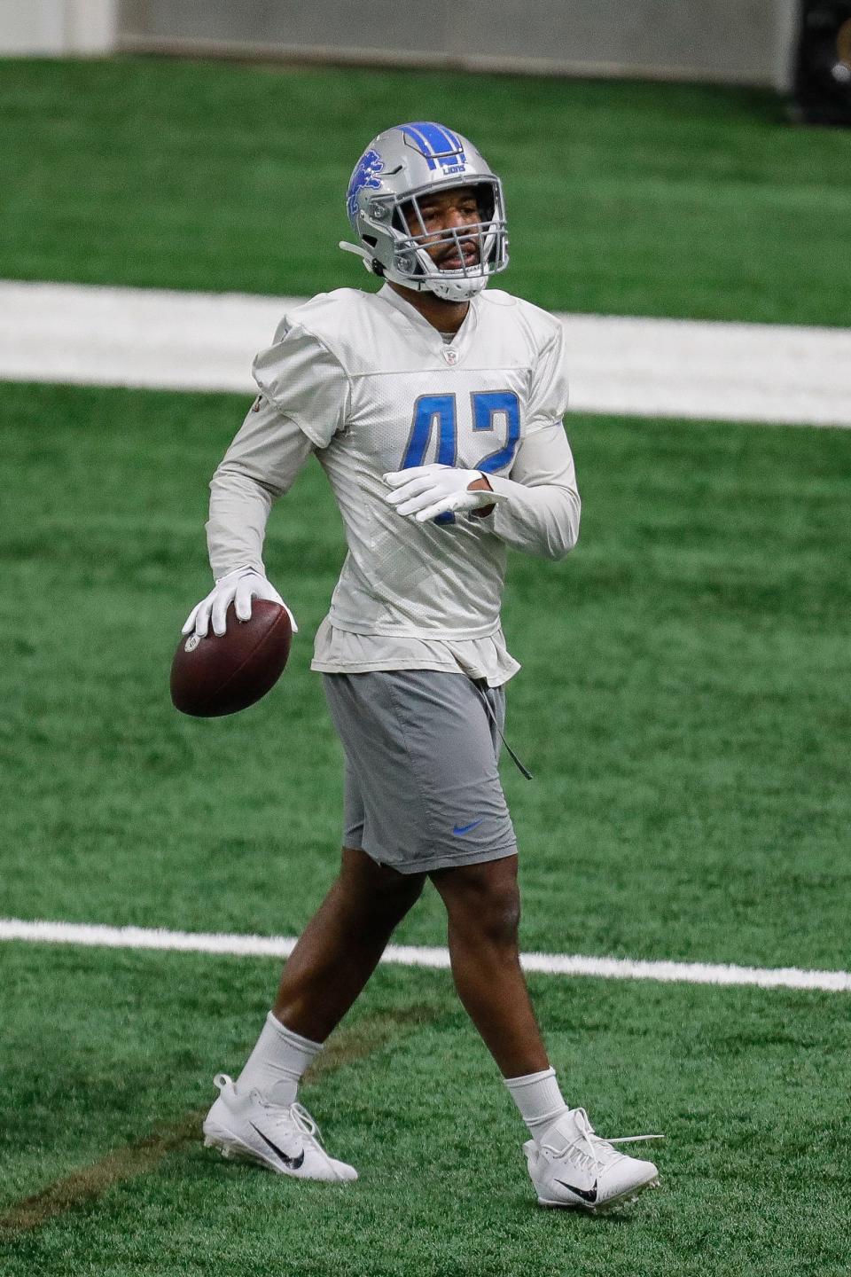 Detroit Lions linebacker Jalen Reeves-Maybin at practice at Detroit Lions headquarters and training facility in Allen Park on Thursday, Jan. 25, 2024.