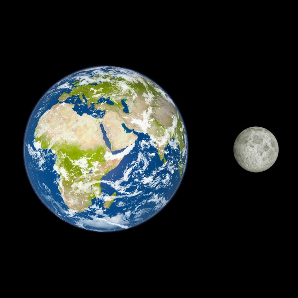 A photo showing the Earth next to the Moon.  The world is much bigger.