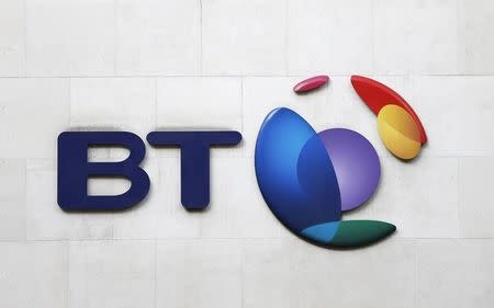 A BT logo is seen on a building in London, February 5, 2015. REUTERS/Suzanne Plunkett