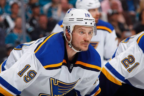 SAN JOSE, CA - MAY 25: Jay Bouwmeester #19 of the St. Louis Blues looks on during the game against the San Jose Sharks in Game Six of the Western Conference Finals during the 2016 NHL Stanley Cup Playoffs at SAP Center on May 25, 2016 in San Jose, California. (Photo by Rocky W. Widner/NHL/Getty Images)