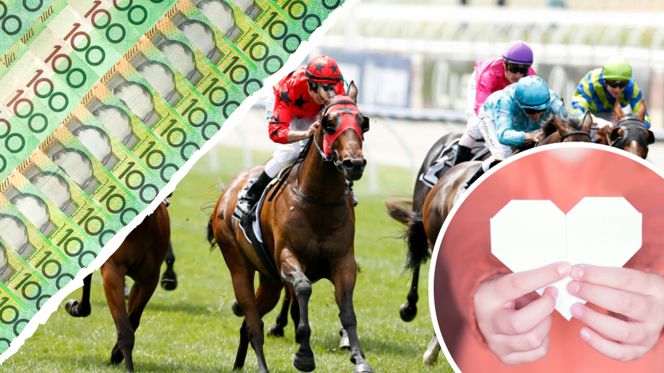 Pictured: Melbourne Cup Day race, Australian $100 bills, paper cut out of heart shape suggesting charity. Images: Getty