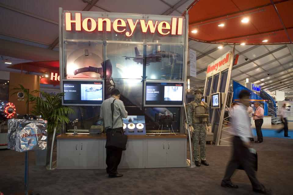A variety of new high-tech weapon systems are on dispaly for potential customers during the Farnborough Airshow. This is part of the Honeywell display showing a new reconnaissance micro air vehicle which provides ' unprecedented situational awareness in a small unmanned platform'. Honeywell is a major American multinational corporation that produces a variety of consumer products, engineering services, and aerospace systems. It is a major Pentagon contractor. (Photo by Gideon Mendel/Corbis via Getty Images)