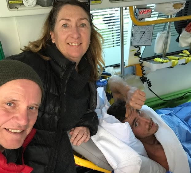 Sebastian Orefors rides hospital in an ambulance for assessment, accompanied by his relieved parents. Source: Victoria Police