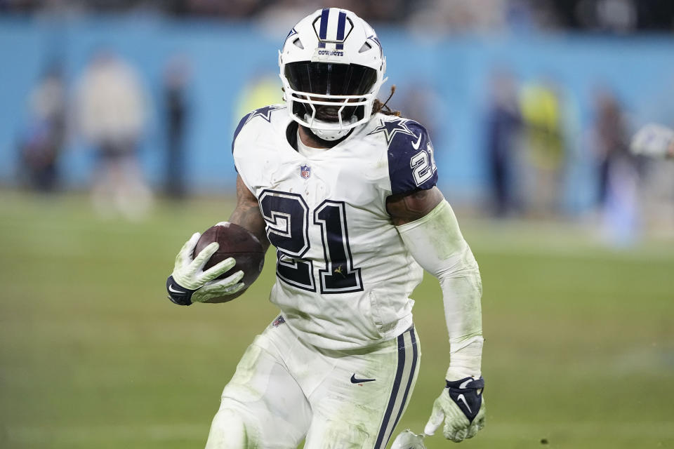 Dallas Cowboys running back Ezekiel Elliott (21) runs against the Tennessee Titans during the second half of an NFL football game, Thursday, Dec. 29, 2022, in Nashville, Tenn. (AP Photo/Chris Carlson)