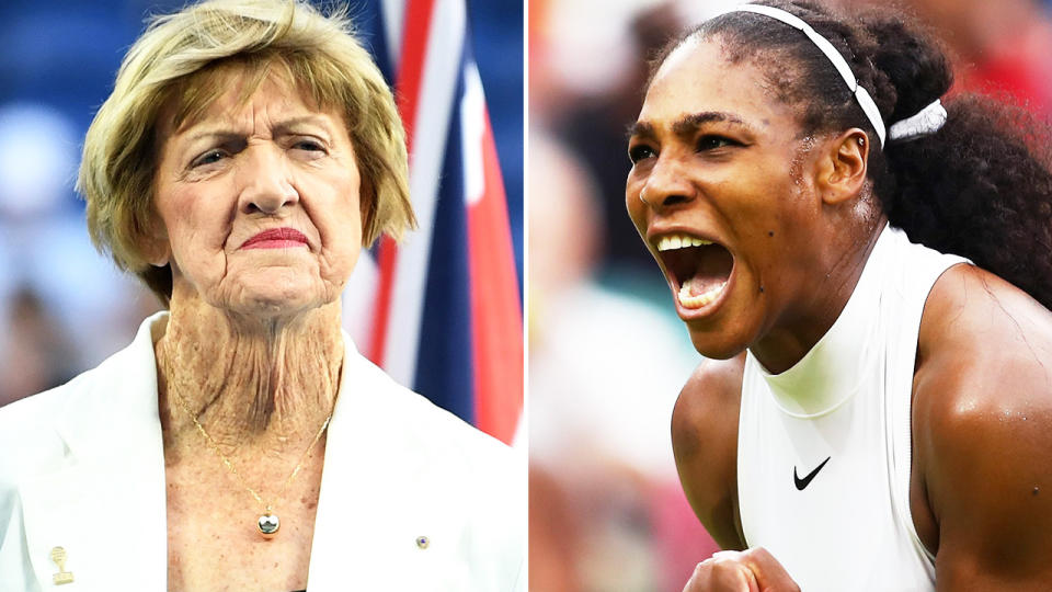 Serena Williams (pictured right) celebrating a point an Margaret Court (pictured left) at a ceremony.