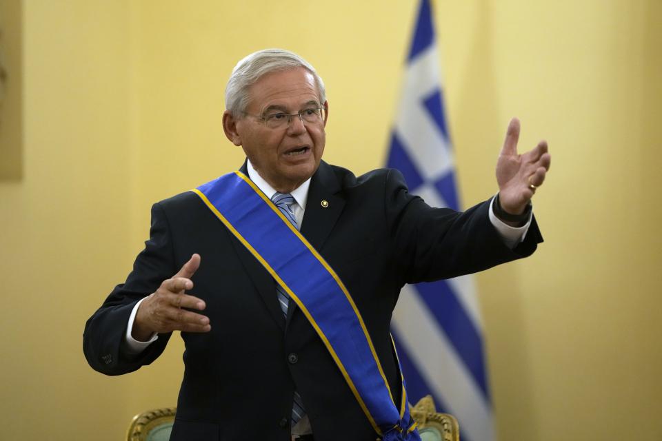 US Senator Bob Menendez, chairman of the Senate Foreign Relations Committee speaks after he was awarded with the Grand Cross of the Order of the Redeemer by Greek President Katerina Sakellaropoulou at the Presidential Palace in Athens, Friday Aug. 27, 2021. Menendez on his two-day trip in Greece, discussed with top Greek officials the strategic relationship between Greece and the US as well as developments in the eastern Mediterranean and the Middle East. (AP Photo/Thanassis Stavrakis)