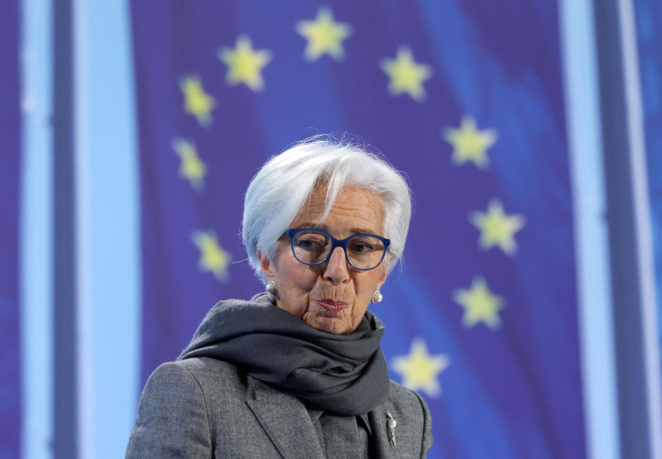 President of the European Central Bank (ECB) Christine Lagarde addresses a press conference following the meeting of the governing council in Frankfurt am Main, western Germany, on December 14, 2023. (Photo by Daniel ROLAND / AFP) (Photo by DANIEL ROLAND/AFP via Getty Images)