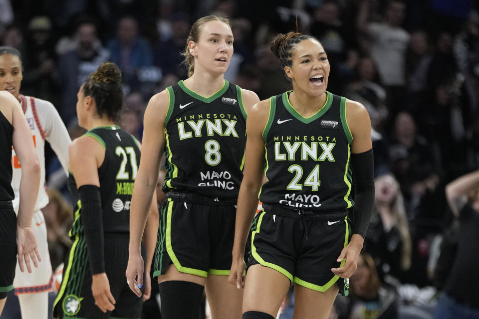 Minnesota Lynx forward Napheesa Collier (24) reacts after a Connecticut Sun timeout called during the first half of Game 5 of a WNBA basketball semifinals, Tuesday, Oct. 8, 2024, in Minneapolis. (AP Photo/Abbie Parr)