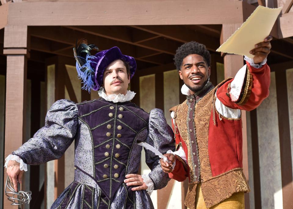 From left, Paxton Kliewer plays Ned Alleyn and Joshua Murray stars as Will Shakespeare in Oklahoma Shakespeare in the Park's Aug. 10-20 Oklahoma premiere production of "Shakespeare in Love" in the Paseo Arts District.