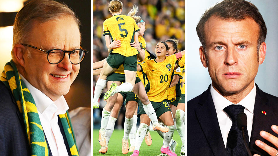 Anthony Albanese and Emmanuel Macron alongside Matildas players at the Women's World Cup.