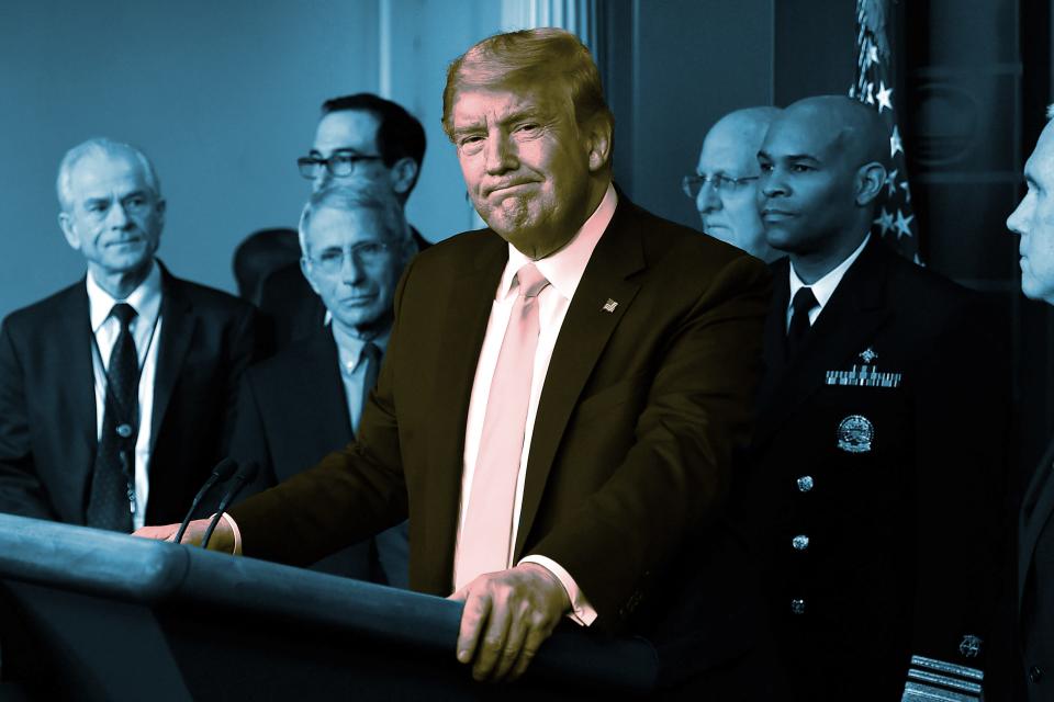 MARCH 9: President Donald Trump speaks about the COVID-19 alongside members of the Coronavirus Task Force in the Brady Press Briefing Room.