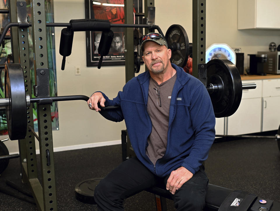 Six-time WWE champion, "Stone Cold" Steve Austin, poses for a portrait to promote his new reality series "Stone Cold Takes On America" on Wednesday, April 26, 2023, in Gardenerville, Nev. (Andy Barron/Invision/AP)