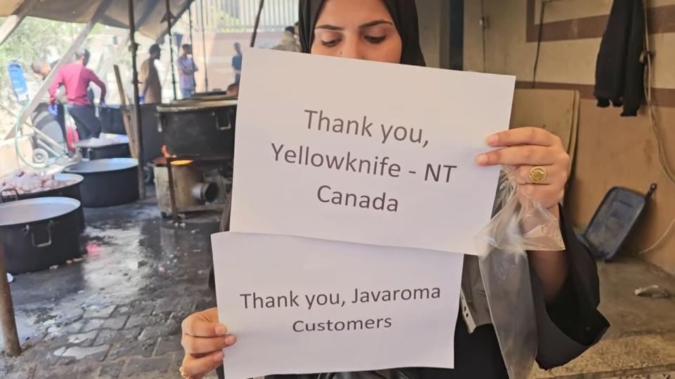 Rami Kassem, the owner of Javaroma in Yellowknife, sent the money to a woman in the city of Rafah who helped organize, prepare and distribute the meals. Kassem received these photos from her afterward.