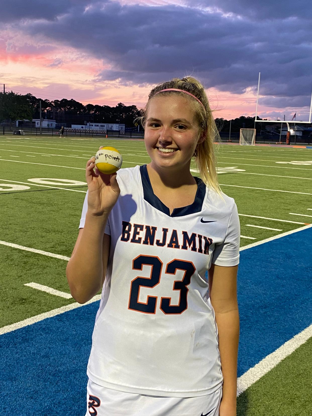 Benjamin sophomore Madison Jayson scored her 100th career-point while putting up five goals to help the Bucs move forward to region semifinals.