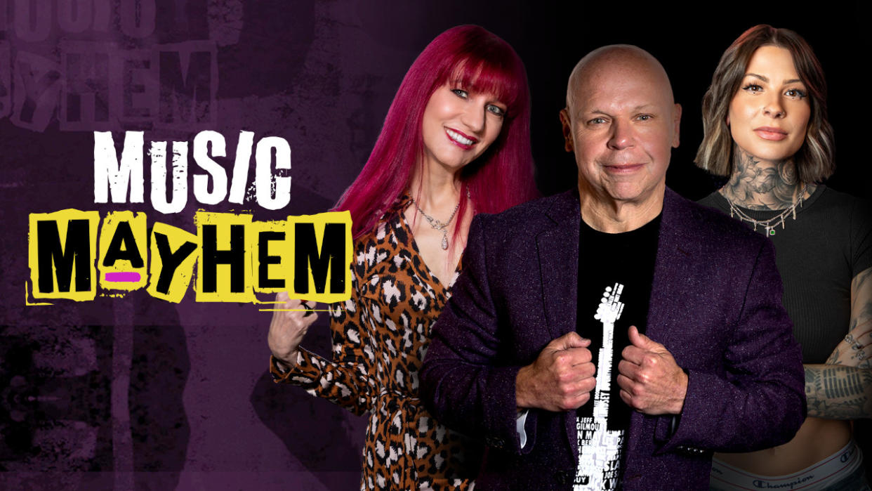  Graphic for Music Mayhem featuring various talking heads in front of the logo. 