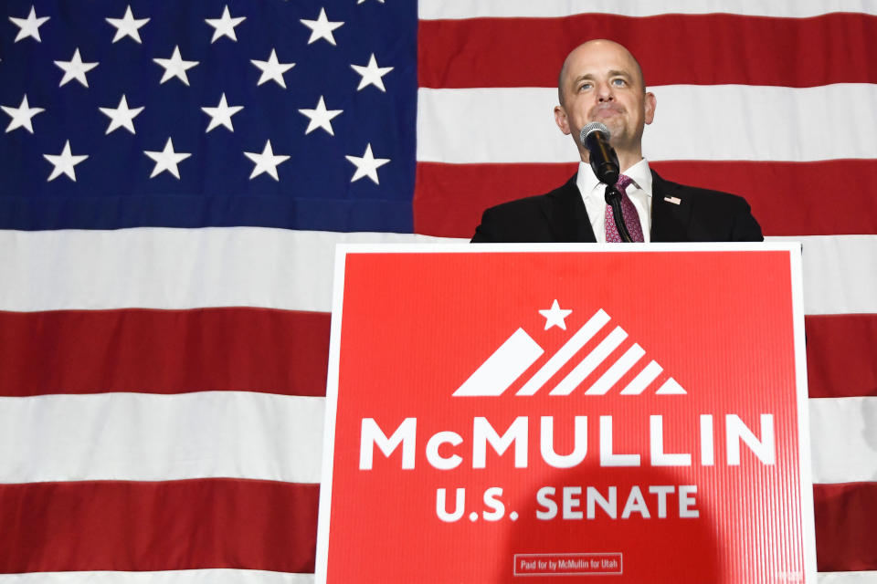 Independent Evan McMullin speaks to supporters during an election-night event Tuesday, Nov. 8, 2022, in Taylorsville, Utah. (AP Photo/Alex Goodlett)