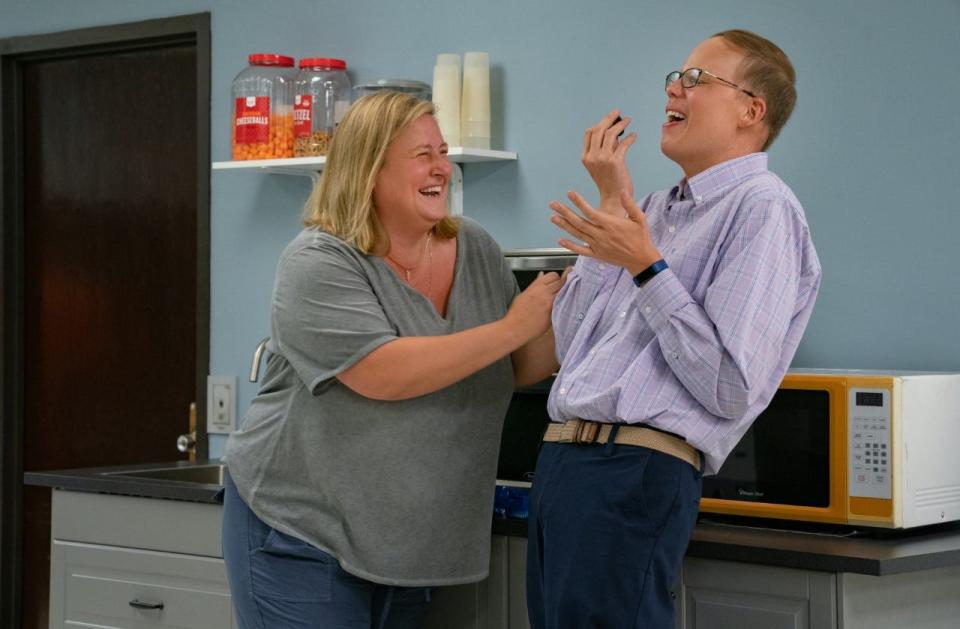 Bridget Everett and Jeff Hiller laugh like no one is watching in the HBO series "Somebody Somewhere." (Credit: WARNERMEDIA PHOTO)