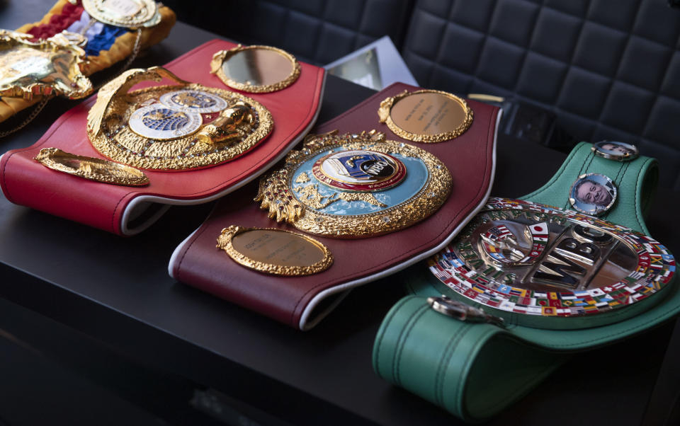 GLASGOW, SCOTLAND - JUNE 07: Scottish undisputed Super-Lightweight World Champion Josh Taylor shows off his belts at German Donner Kebab on June 07, 2021, in Glasgow, Scotland. (Photo by Craig Foy/SNS Group via Getty Images)