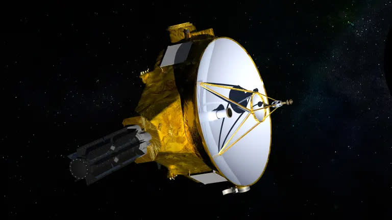 An illustration of New Horizons in space.  It has a white satellite dish type disk on the front and a gold casing.  There are some gray squares at the bottom and on the sides.