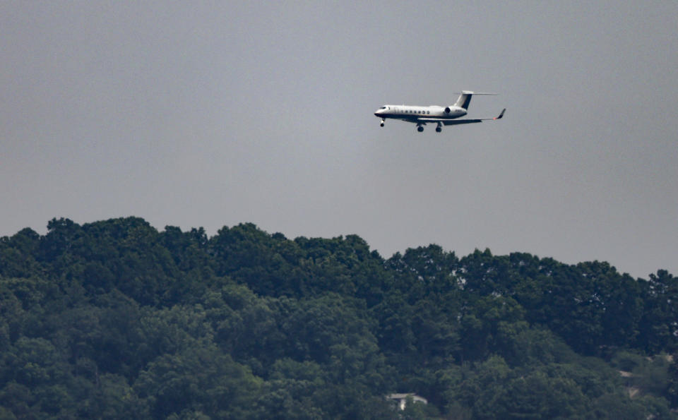 An FBI-operated plane carrying Joran van der Sloot arrives at the Birmingham International Airport, Thursday, June 8, 2023, in Birmingham, Ala. Van der Sloot, the chief suspect in the 2005 disappearance of Natalee Holloway, arrived in the United States from Peru on Thursday to face charges that he attempted to extort money from the missing woman’s mother. (AP Photo/Butch Dill)