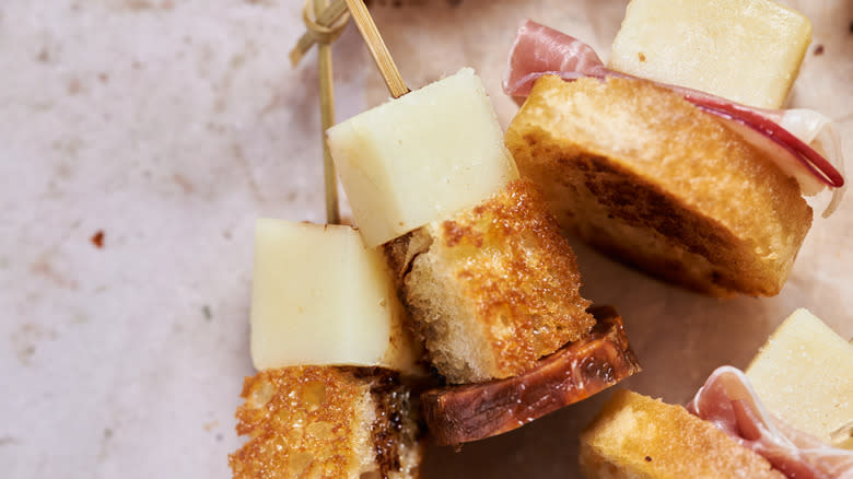 cheese and bread on skewer