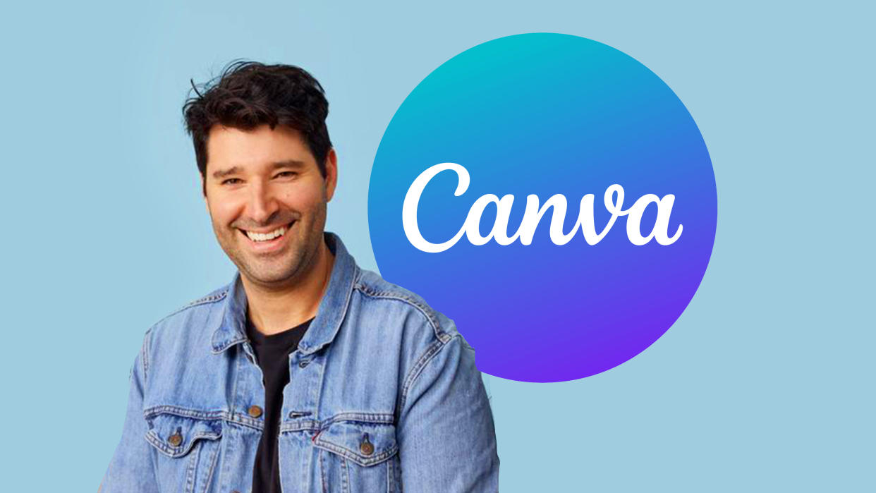  Canva founder Cliff Obrecht in front of the Canva logo. 