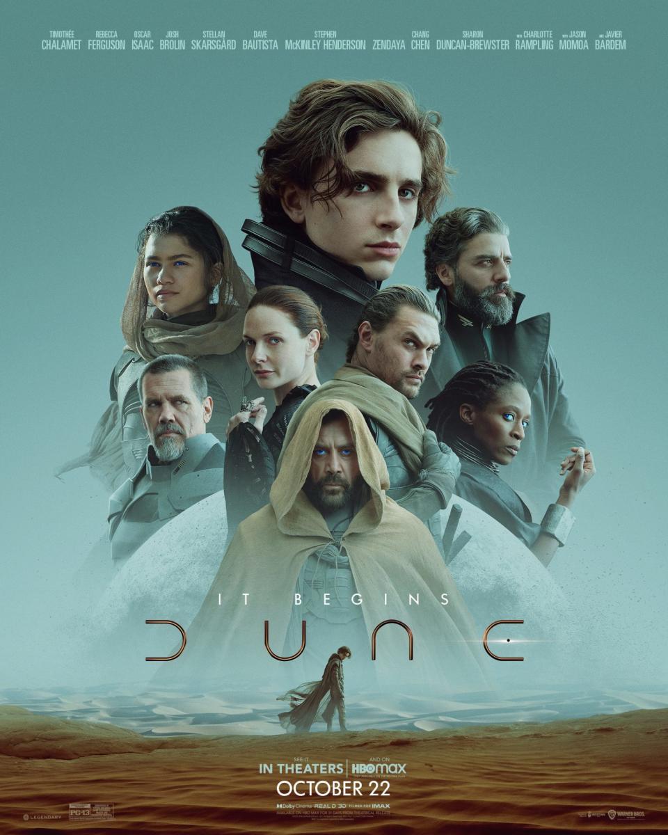 The movie poster for Dune with the cast on a light blue background