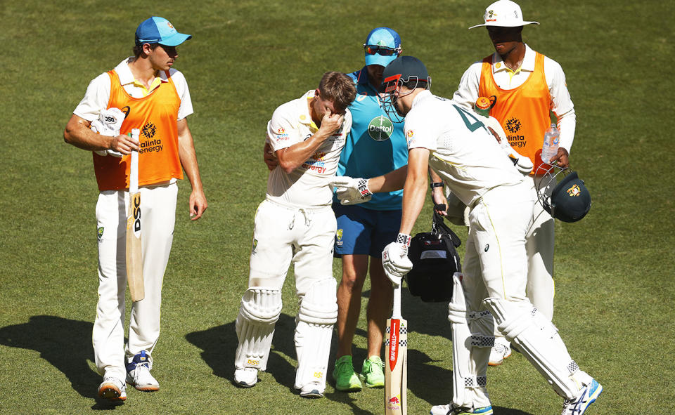 David Warner, pictured here retiring hurt after reaching 200 in the Boxing Day Test against South Africa.