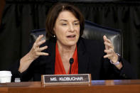 Sen. Amy Klobuchar, D-Minn., speaks during a confirmation hearing for Supreme Court nominee Amy Coney Barrett before the Senate Judiciary Committee, Tuesday, Oct. 13, 2020, on Capitol Hill in Washington. (Greg Nash/Pool via AP)