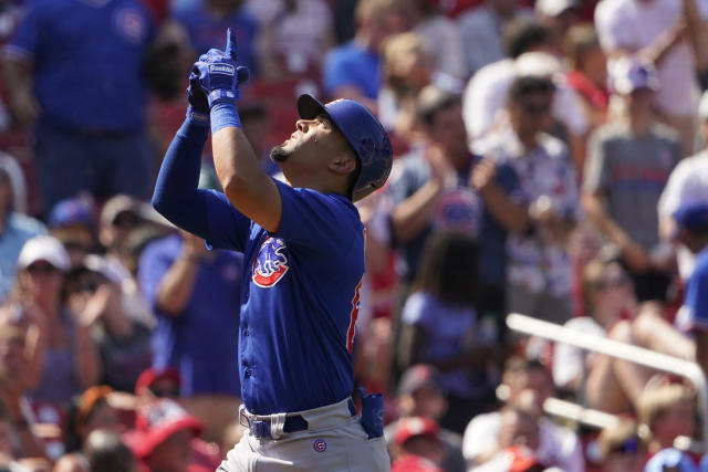 Chicago Cubs' Rafael Ortega reacts after hitting a two-run home run during the eighth inning of a baseball game against the St. Louis Cardinals Saturday, June 25, 2022, in St. Louis. (AP Photo/Jeff Roberson)