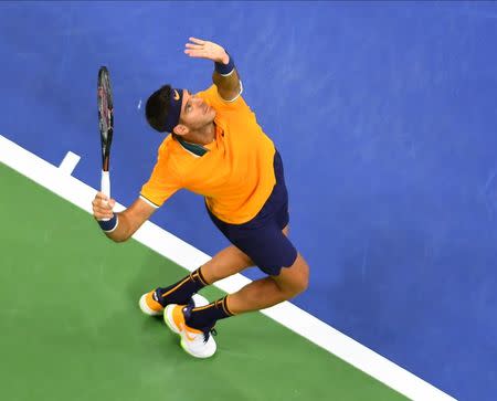 Aug 31, 2018; New York, NY, USA; Juan Martin del Potro of Argentina hits to Fernando Verdasco of Spain (not pictured) in a third round match on day five of the 2018 U.S. Open tennis tournament at USTA Billie Jean King National Tennis Center. Mandatory Credit: Robert Deutsch-USA TODAY Sports