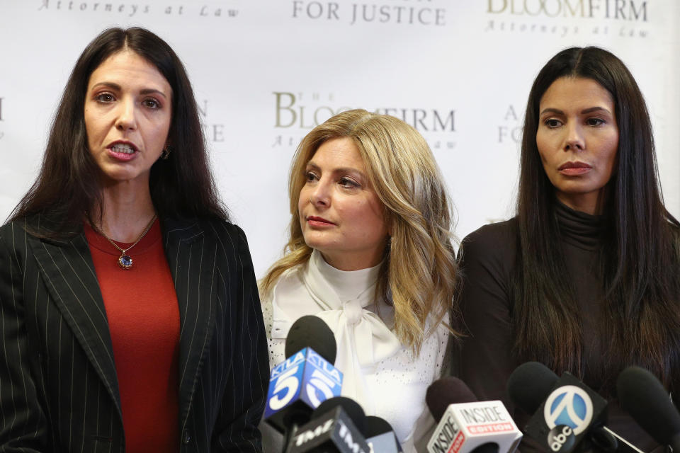 Attorney Lisa Bloom (C) with her clients Faviola Dadis (L) and Regina Simons, who are accusing actor Steven Seagal of sexual assault, on March 19, 2018 in Woodland Hills, California.