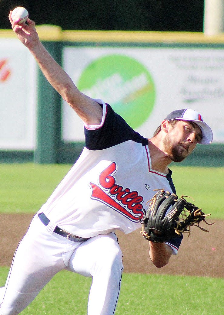 Bartlesville Doenges Ford Indians relief pitcher Josh Weber unleashes an offering during Wednesday's 2-2 tie against Marucci Midwest in Oklahoma College League summer action at Doenges Stadium.