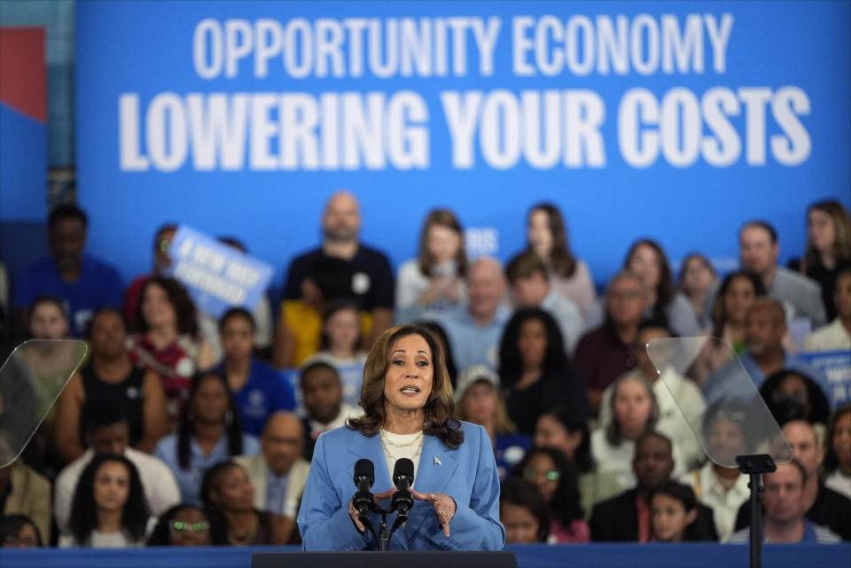 Democratic presidential nominee Vice President Kamala Harris speaks at a campaign event at Hendrick Center for Automotive Excellence on the Scott Northern Wake Campus of Wake Tech Community College in Raleigh, N.C., Friday, Aug. 16, 2024. (AP Photo/Mike Stewart)