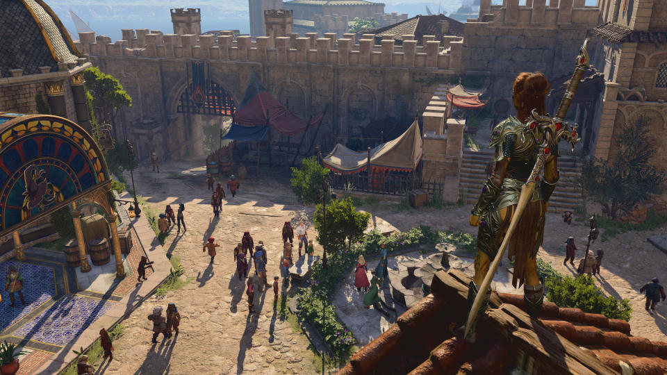 Lae'zel looks out over Baldur's Gate's lower city