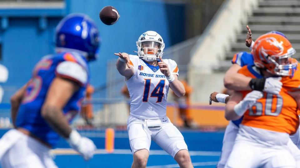 Boise State quarterback Maddux Madsen passes the ball during the Broncos’ spring game at Albertsons Stadium, Saturday, April 8, 2023.