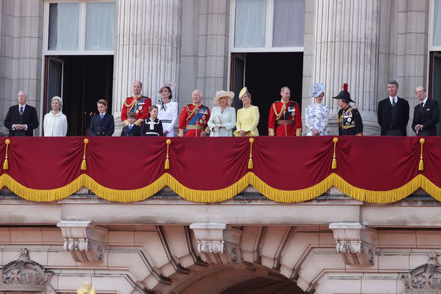 <p>Neil Mockford/GC Images</p> The Duke of Gloucester, the Duchess of Gloucester, Prince George, Prince William, Prince Louis, Princess Charlotte, Kate Middleton, King Charles, Queen Camilla, Sophie, Duchess of Edinburgh, Prince Edward, Lady Louise, Princess Anne, Timothy Laurence and Prince Edward, Duke of Kent on the balcony of Buckingham Palace during Trooping the Colour on June 15, 2024.