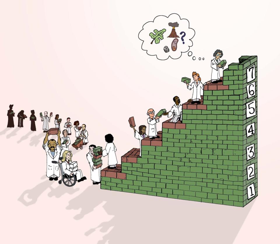 illustration cartoon shows people in white lab coats building a staircase of green bricks with numbers 1 through 7 climbing it