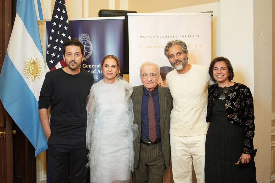 Diego Luna, Marina de Tavira, Martin Scorsese, Joaquín Furriel, and Celina Murga attend The Freshly Cut Grass Premiere Reception at the Argentine Consulate on June 8, 2024.