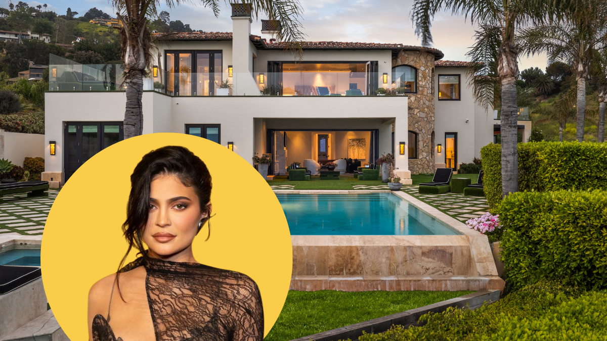 kylie jenner visual overlaid on a picture of a california house she once rented, with a pool and surrounded by palm trees