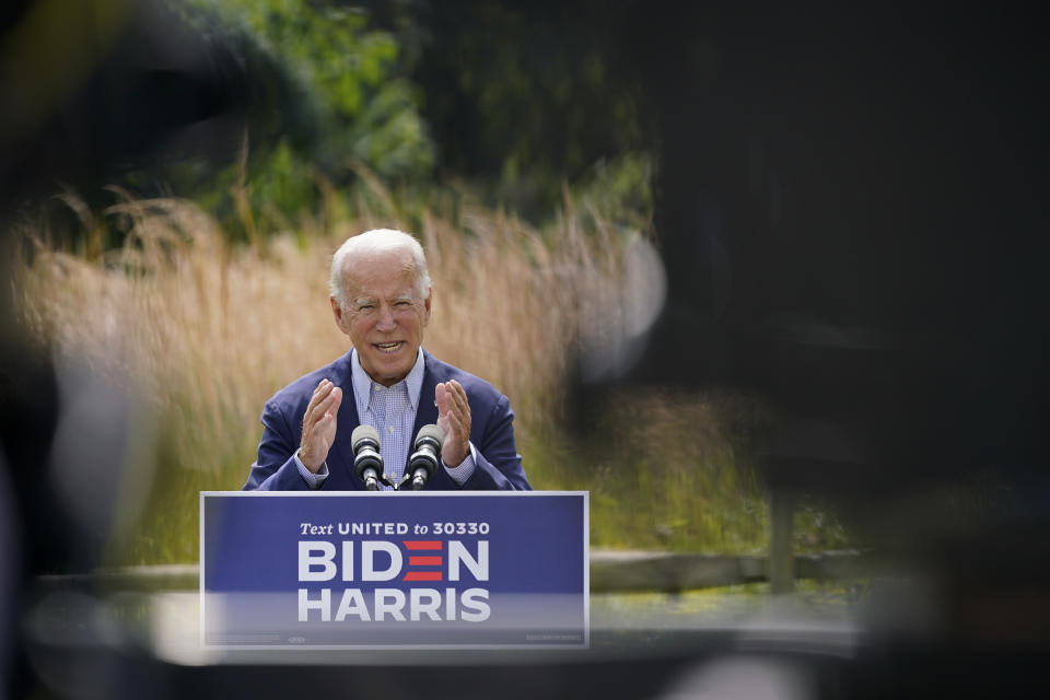 Democratic presidential candidate and former Vice President Joe Biden speaks about climate change and wildfires affecting western states, Monday, Sept. 14, 2020, in Wilmington, Del. (AP Photo/Patrick Semansky)