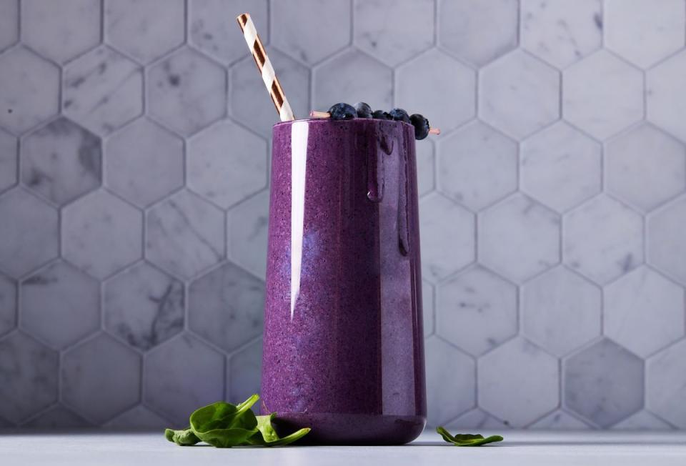 <p>With a rich purple hue, this lightly sweetened blueberry smoothie is almost as lovely to look at as it is to drink.</p><p>Get the <strong><a href="https://www.delish.com/cooking/recipe-ideas/a39576599/blueberry-smoothie-recipe/" rel="nofollow noopener" target="_blank" data-ylk="slk:Blueberry Smoothie recipe;elm:context_link;itc:0;sec:content-canvas" class="link ">Blueberry Smoothie recipe</a></strong> from Delish.</p>