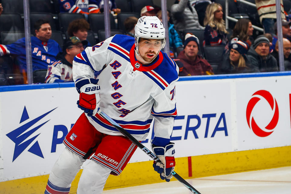 New York Rangers Center Filip Chytil (72) takes a lap in warm up of the Edmonton Oilers NHL game 