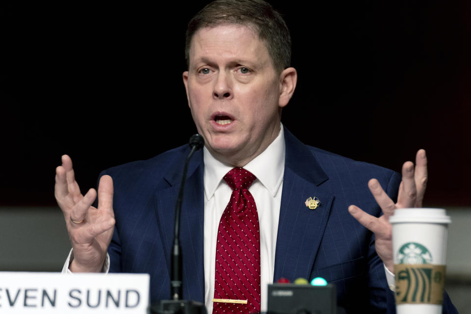 Former U.S. Capitol Police Chief Steven Sund testifies before a Senate Homeland Security and Governmental Affairs & Senate Rules and Administration joint hearing on Capitol Hill, Washington, Tuesday, Feb. 23, 2021, to examine the January 6th attack on the Capitol. (AP Photo/Andrew Harnik, Pool)