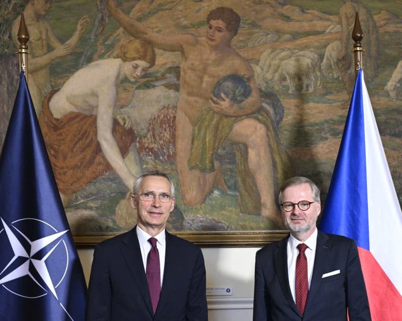 Czech Prime Minister Petr Fiala (R) receives NATO Secretary General Jens Stoltenberg ahead of the Informal meeting of NATO Ministers of Foreign Affairs. Krumphanzl Michal/CTK/dpa